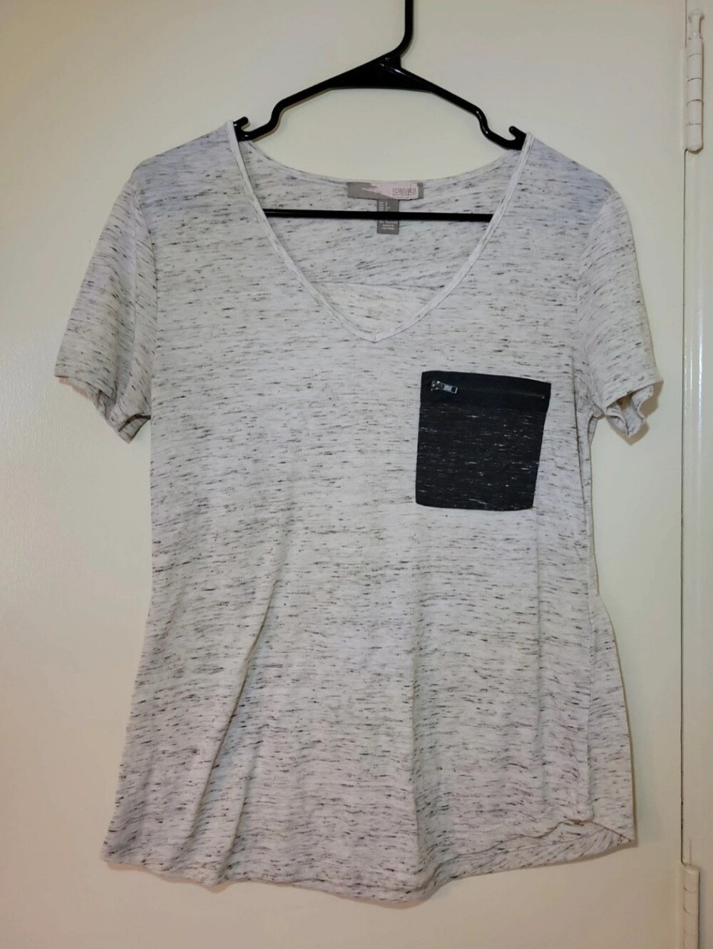 Forever 21 Beige Marled V-Neck Tee with Black Pocket